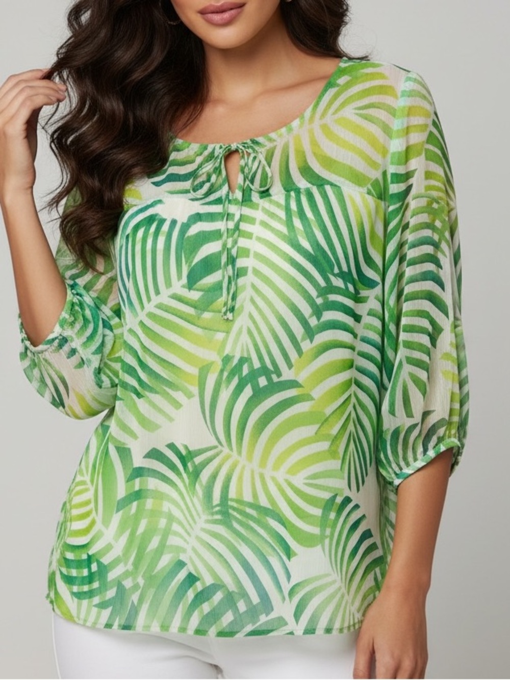 Ninety Green & White Palm-Print Tie Front Blouse
